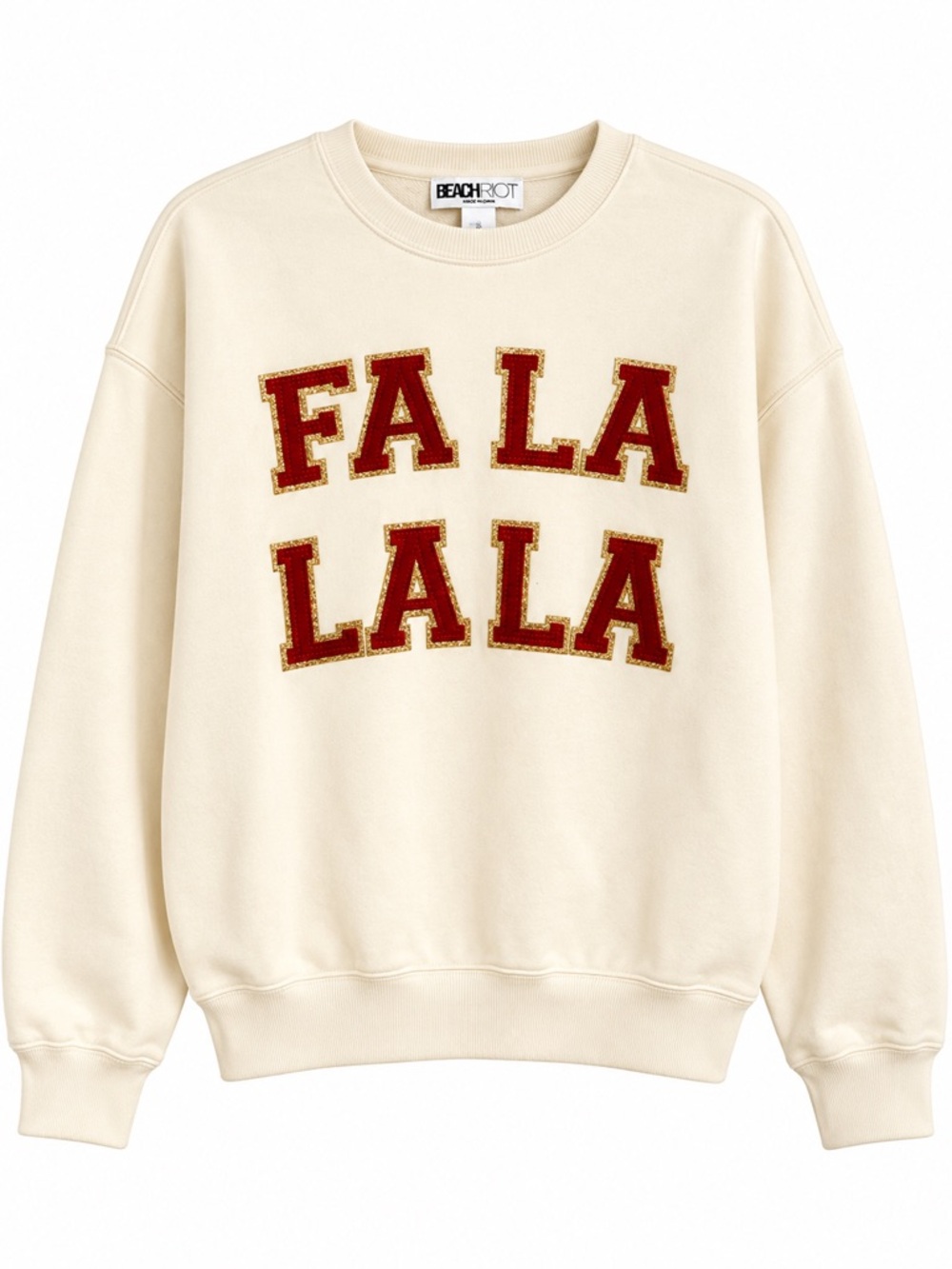Beach Riot Fa La La Holiday Christmas Sweatshirt in Cream, Red, and Gold Size S